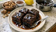 Καρυδόπιτα ταψιού με σιρόπι σοκολάτας: αφράτη, ζουμερή και σταθερή στο κόψιμο